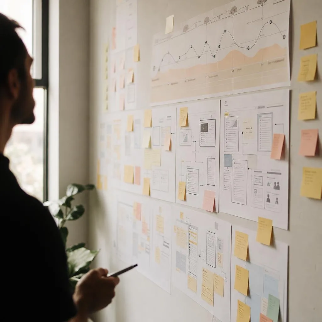 Sticky notes and user journey maps on a studio wall